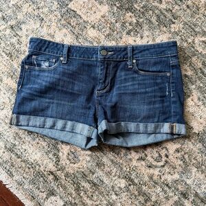 PAIGE Dark Blue Denim Cuffed Jean Shorts